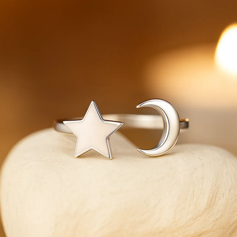 Solid Star Moon Silver Ring