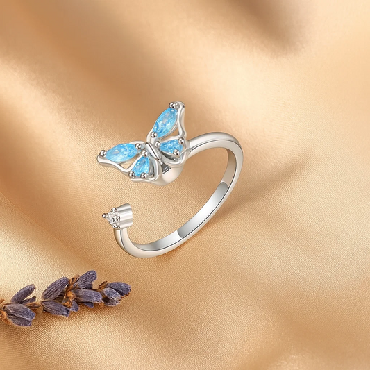 Rotating Blue Butterfly Silver Ring
