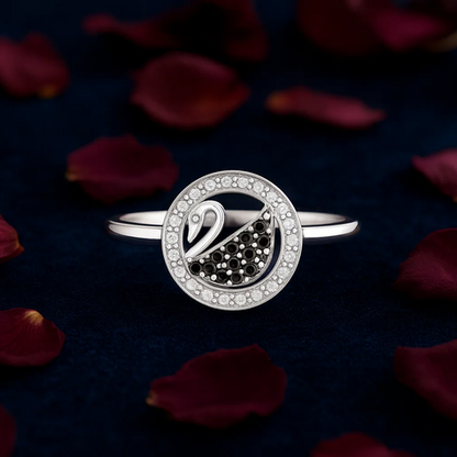 Rotating Black Swan Silver Ring