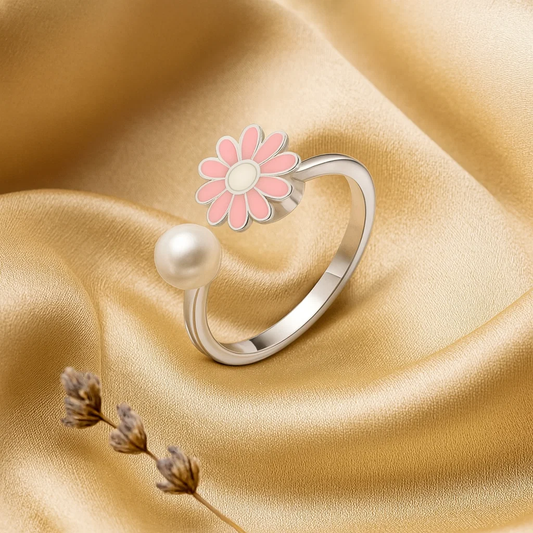 Pink Rotating Flower Silver Ring