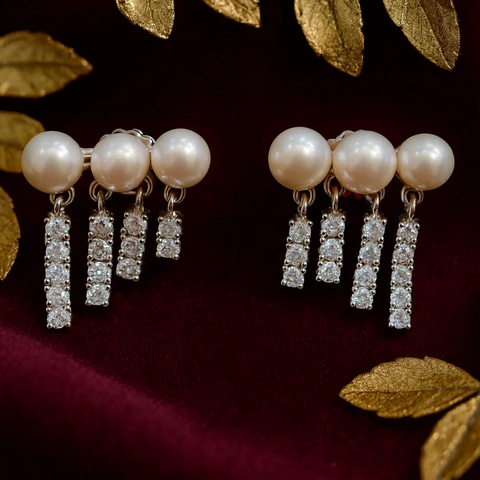 Pearl and Crystal Dangle Silver Earrings
