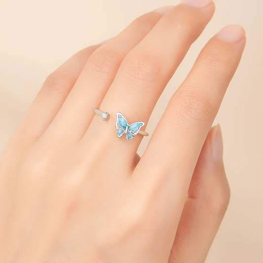 Rotating Blue Butterfly Silver Ring