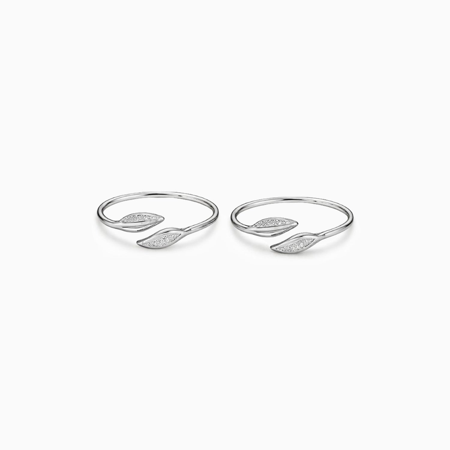 Pair of sterling silver leaf design toe rings with zircon accents