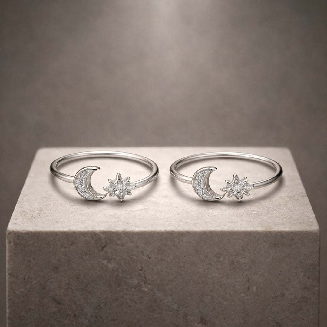 Pair of sterling silver crescent moon and star toe rings
