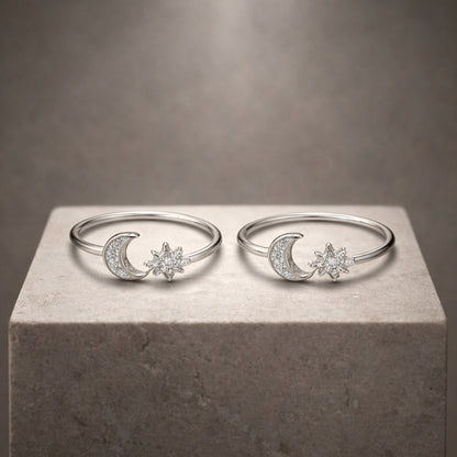 Pair of sterling silver crescent moon and star toe rings