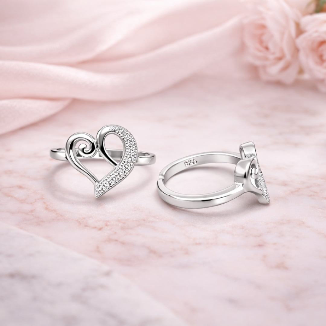 Elegant Heart Swirl Silver Toe Rings